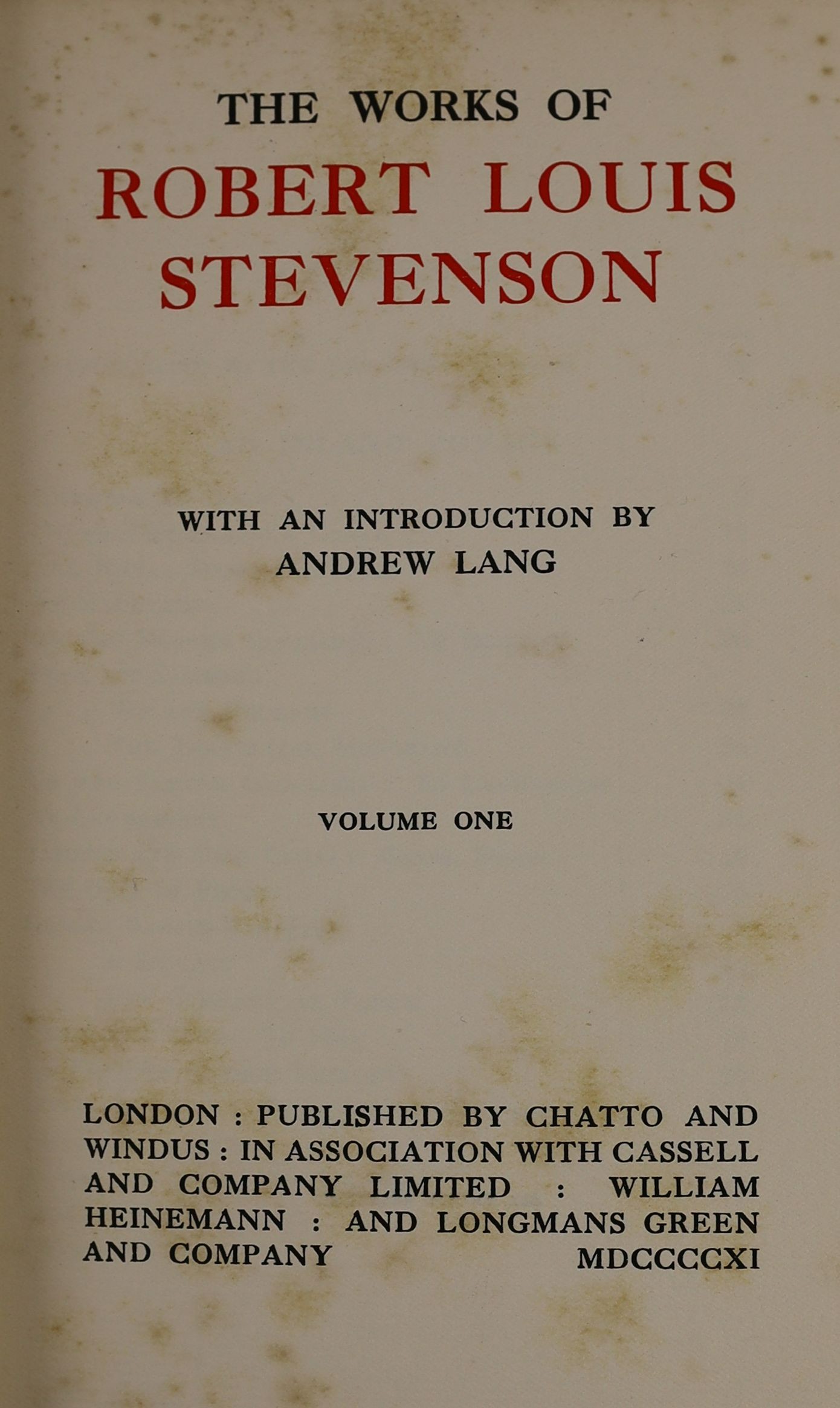 Stevenson, R.L. - The Works, introduction by Andrew Lang, 25 vol., Swanston edition, number 1565 of 2060 copies, frontispieces, original cloth, top edges gilt, others uncut, spines slightly faded, 8vo, 1911-1912